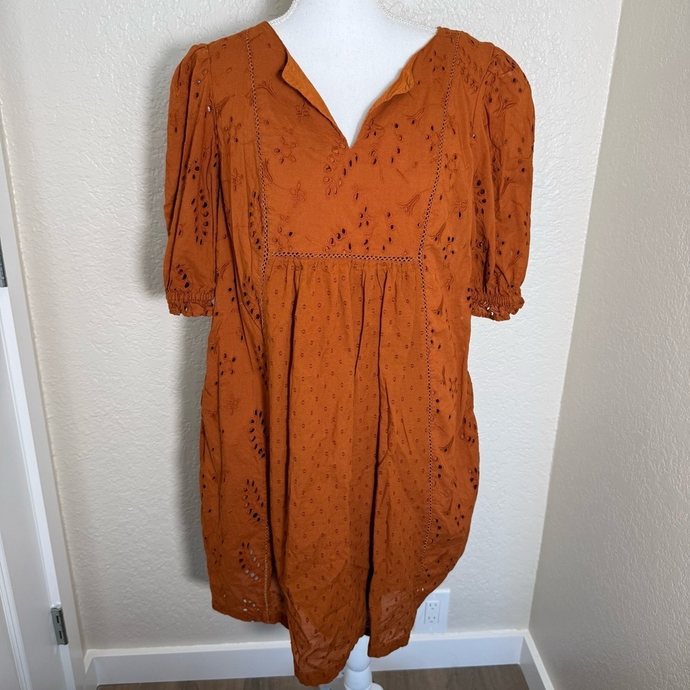 Universal Thread Rust Orange Eyelet Mini Dress Size L 100% Cotton Casual Boho - Picture 7 of 7